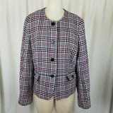 Talbots Houndstooth Plaid Wool Collarless Blazer Jacket Womens 16 Flap Pockets