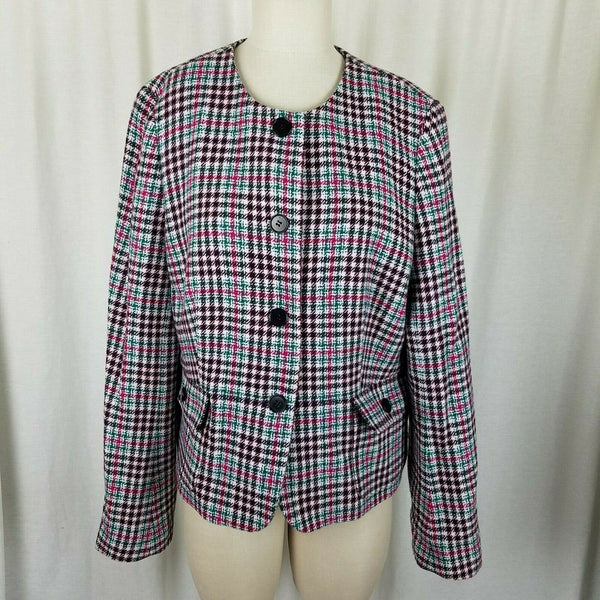 Talbots Houndstooth Plaid Wool Collarless Blazer Jacket Womens 16 Flap Pockets