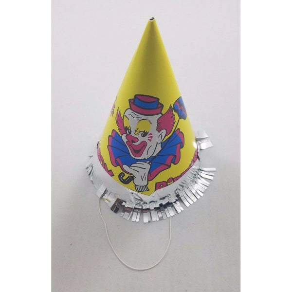 Vintage Circus Clown Happy Birthday Party Paper Cone Hat Yellow Bozo Fringe