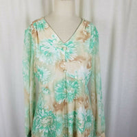 Vintage 70s Long Maxi Hawaiian Floral House Dress Womens 18 Green Tan Flowing