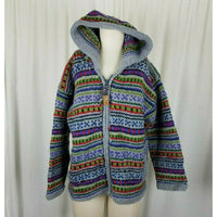 Rainbow Crafts Merino Wool Knit Hooded Zip Sweater Jacket Womens L Aztec Tribal