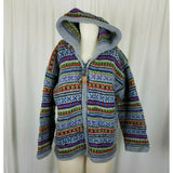 Rainbow Crafts Merino Wool Knit Hooded Zip Sweater Jacket Womens L Aztec Tribal