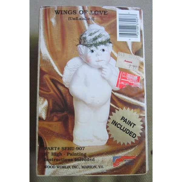 Vintage Wood World Paintable Wings of Love Unfinished Meekness Cherub USA 6 in