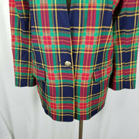 Chaus Tartan Scotch Plaid Wool Collarless Blazer Jacket Womens L XL Vintage 80s