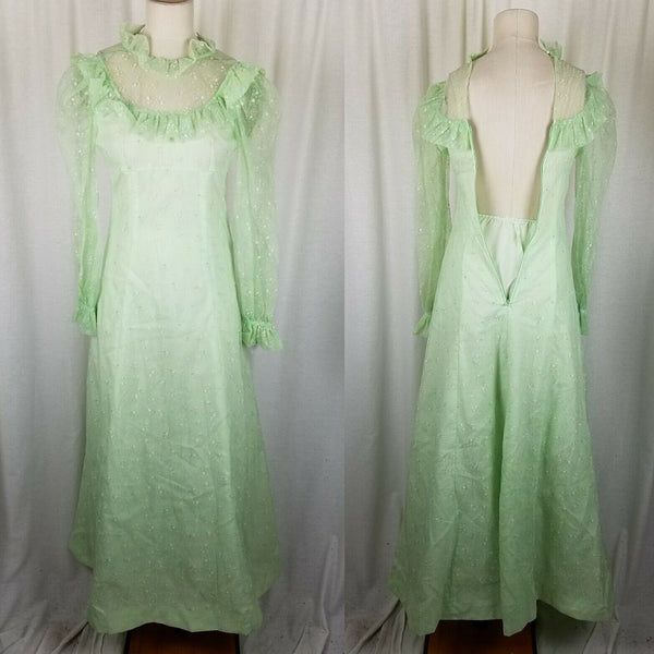 Vintage Flocked Overlay Prairie Dress Flowers Maxi Long Floral Sheer Womens XS