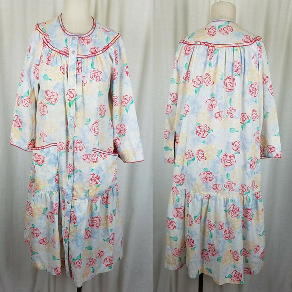 Models Coat Vintage 80s Nightgown House Dress MuuMuu Womens L Snap Up Front