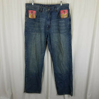 LRG Embellished GRAPHIC Patches Hip Hop Jeans Blue Denim Mens 38 40x32 Mountains