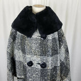 Vintage 50s Woven Plaid Wool Faux Fur Muff Collar MCM Peacoat Swing Coat Womens