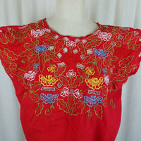 Monte's Embroideries Floral Tunic Blouse Womens L Batwing Short Sleeve Handmade