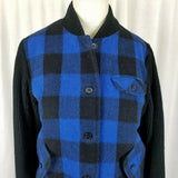 White Tiger Blue Buffalo Plaid Wool Bomber Jacket Womens M Black Knit Sleeves