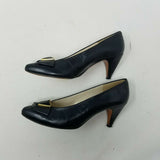 Evan Picone Black Leather Pumps Gold Bow Shoes Kitten Heels Low Womens 6.5 Spain