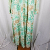 Vintage 70s Long Maxi Hawaiian Floral House Dress Womens 18 Green Tan Flowing