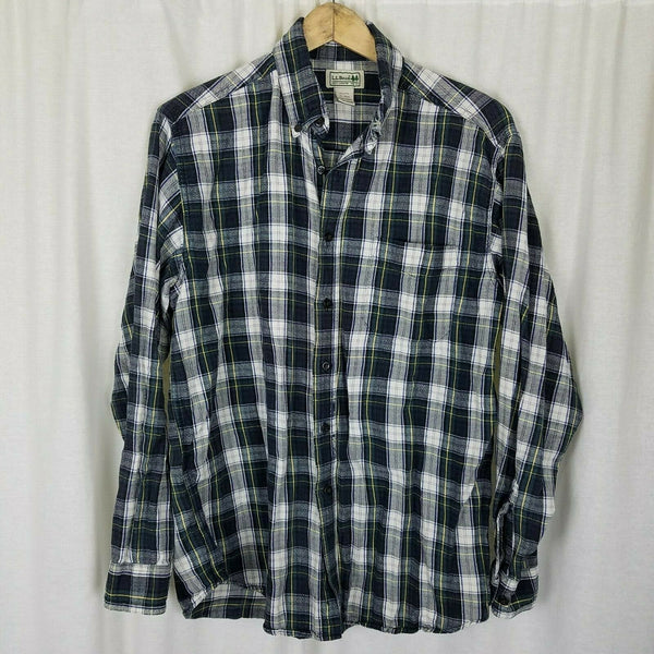 LL Bean Tartan Plaid Flannel Button Up Long Sleeve Camp Shirt Mens M Blue Yellow