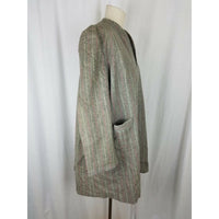 Vintage Handmade Open Front Wrap Collarless Pinstriped Long Coat Jacket Womens L