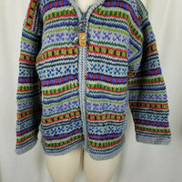 Rainbow Crafts Merino Wool Knit Hooded Zip Sweater Jacket Womens L Aztec Tribal