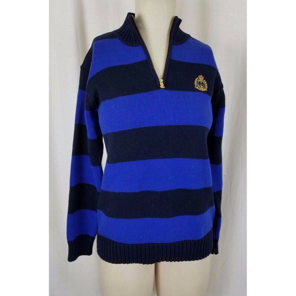 LRL Ralph Lauren Petites Blue Wide StripeS Knit 1/4 Zip Crest Sweater Womens P