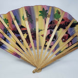 Vintage Bamboo Fabric Folding Fan Warriors on Horses Figural Scene w Landscape