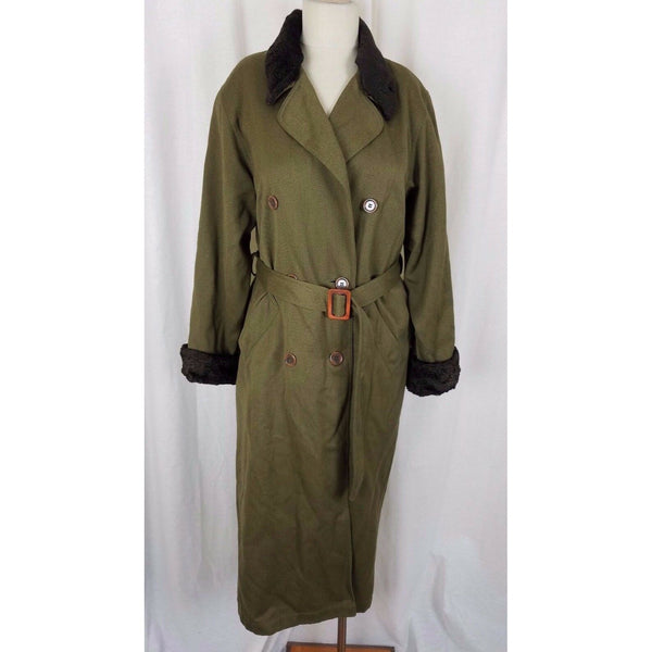 Liz Claiborne Lizsport Worsted Wool Faux Fur Long Maxi Trench Coat Womens PM