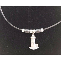 Lighthouse Pewter Silver Black Rope Bead Necklace Pendant Charm Maine Jewelry