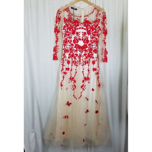 Stylewe Ou Shi Ying Long Maxi Embroidered Patch Applique Mesh Dress Womens M