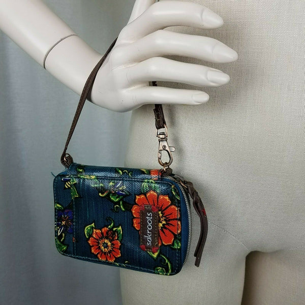 Sakroots Blue Wristlet Zippered Wallet Bifold Mini Purse FLORAL DENIM Look Strap