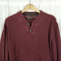 Vintage Eddie Bauer Ribbed 1/4 Button Up Knit Sweater Mens L Henley Dark Maroon