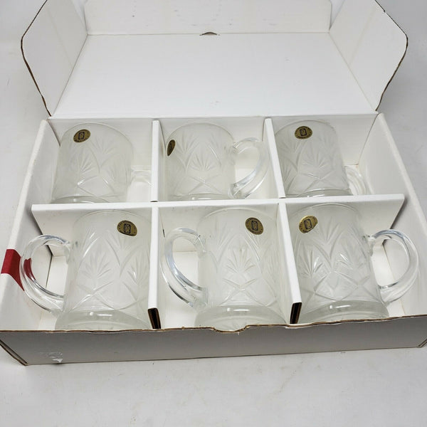 Vintage Paul Sebastian Fine Crystal Cut Tempered Glass Mugs Set 6 Arcoroc Handle