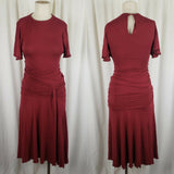 Mary Crafts Ruffled Ruched Gathered Fitted Jersey Knit Midi Dress Womens 0 Red