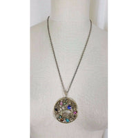 Colorful Jeweled Medallion Pendant Necklace Silver Filigree Statement Charm