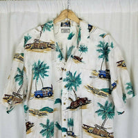 Vintage Weekender Hawaiian Camp Shirt Woody Wagons Cars Club Palm Trees Men 2X