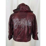 Char Char Califa LA Bling Hooded Ruffled Satin 3/4 Sleeve Bomber Jacket Womens L