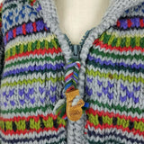 Rainbow Crafts Merino Wool Knit Hooded Zip Sweater Jacket Womens L Aztec Tribal