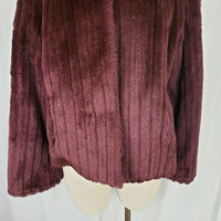 Vintage Vegan Faux Fur Plush Ribbed Wrap Open Front Swing Jacket Womens L Wine