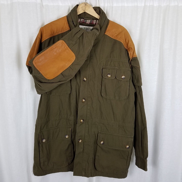 Vintage Orvis Plaid Flannel Lined Longline Leather Field Jacket Barn Coat Mens L