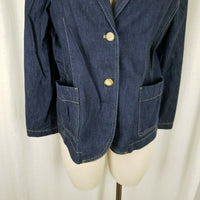 Lands End Dark Blue Jean Denim Blazer Style Jacket Womens L VNeck Apron Pockets