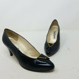 Evan Picone Black Leather Pumps Gold Bow Shoes Kitten Heels Low Womens 6.5 Spain