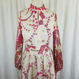 Vintage Mardi Gras New York Chiffon Metallic Maxi Floral Keyhole Dress Womens XS