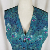 Vintage Satin Reeds Feather Asian Print Belted Dress Waistcoat Vest Womens L