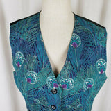 Vintage Satin Reeds Feather Asian Print Belted Dress Waistcoat Vest Womens L