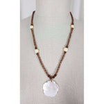 Carved Iridescent Mother of Pearl Shell Pendant Wood Beads NECKLACE Jewelry