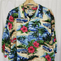 Vintage Big Dogs Hawaiian Camp Shirt 50s Convertible Cars Club Hibiscus Men 2XLT