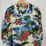 Vintage Big Dogs Hawaiian Camp Shirt 50s Convertible Cars Club Hibiscus Men 2XLT