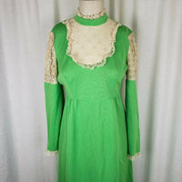 Vintage 70s Prairie Maxi Boho Dress Retro Lace Jersey Knit Bridesmaid Womens S