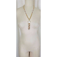 Vintage Faceted White Bead Beaded Tassel Pendant Necklace Gold Double Chain