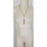 Vintage Faceted White Bead Beaded Tassel Pendant Necklace Gold Double Chain