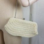 Vintage Beaded Pearl Purse Japan Ivory Handbag Metal Chain Wedding Formal Prom