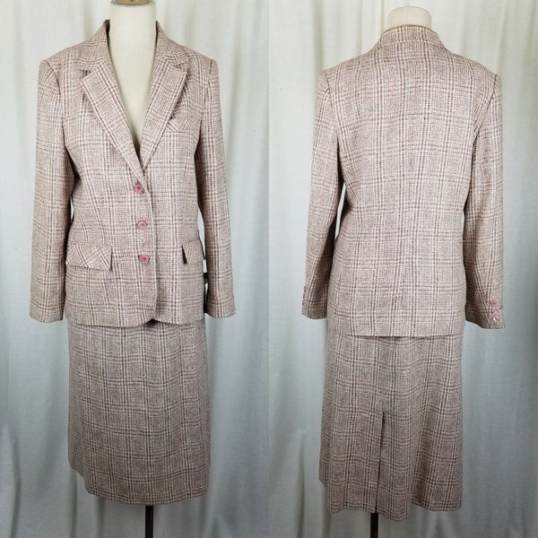 Country Suburbans Wool Plaid Tweed Blazer Jacket Skirt Suit Womens 12 USA Pink