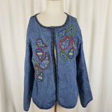 Serengeti Open Front Embroidered Paisley Denim Blue Jean Wrap Jacket Womens L