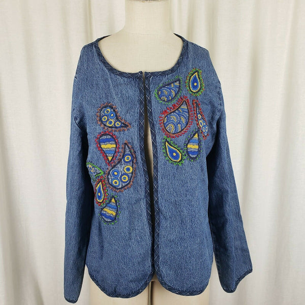 Serengeti Open Front Embroidered Paisley Denim Blue Jean Wrap Jacket Womens L