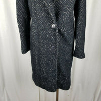 Vintage Black Mottled Wool Leather Trim Herringbone Tweed Peacoat Coat Womens 7